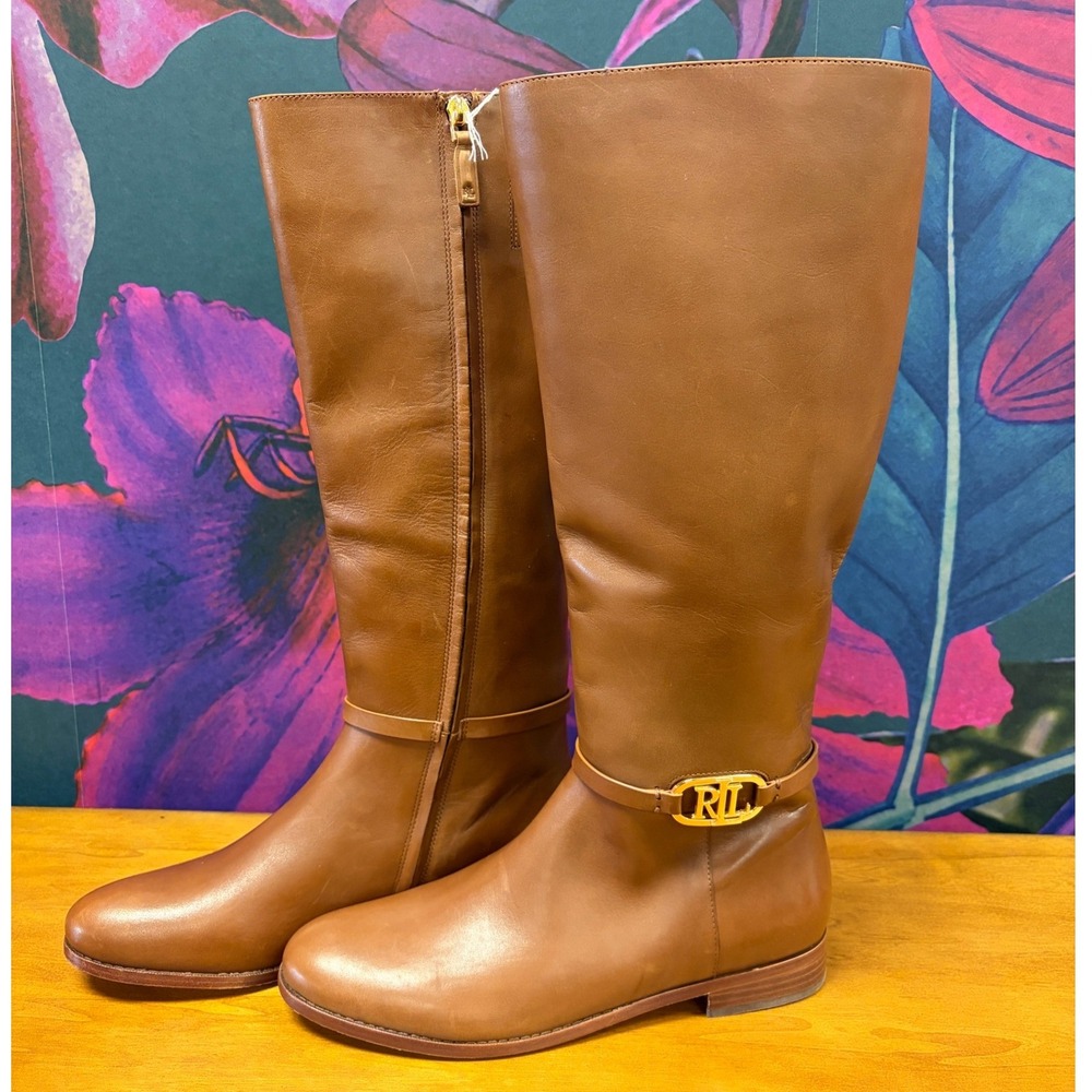 Ralph Lauren Bridgette Tan Leather Tall Boots Gold Logo Wide Calf Low Heel 10